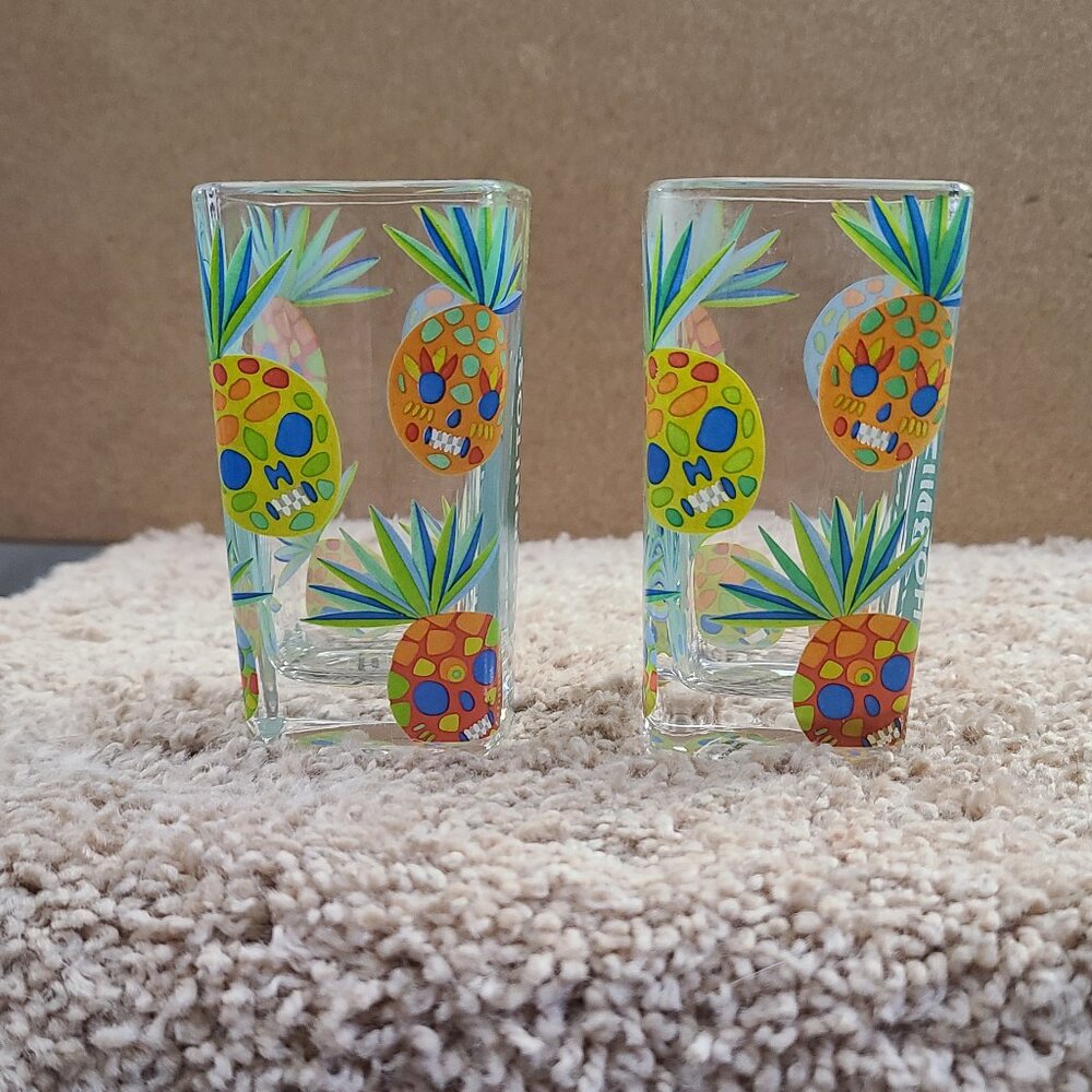 2 Hornitos Square Colorful Tropical Pineapple Skulls Tequila Shot Glass Souvenir - Picture 3 of 6